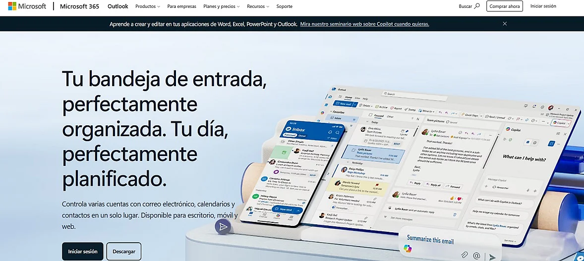 Página de Microsoft sobre su servicio de correo Outlook Imagen: Página de Microsoft sobre su servicio de correo Outlook