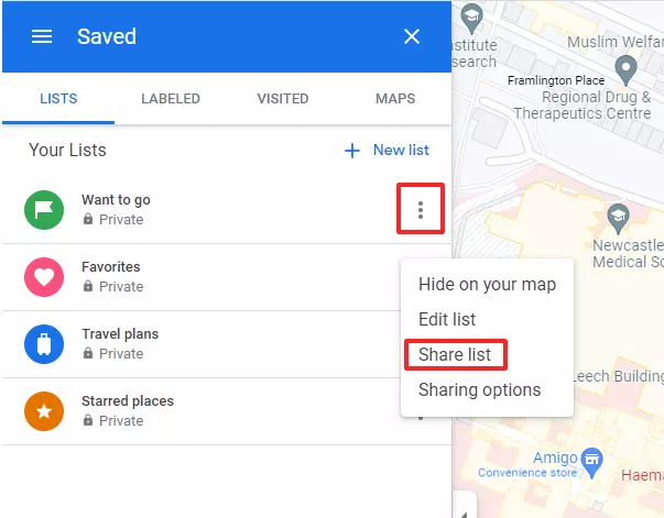 Captura de pantalla de las categorías de marcadores en Google Maps Captura de pantalla de las categorías de marcadores en Google Maps
