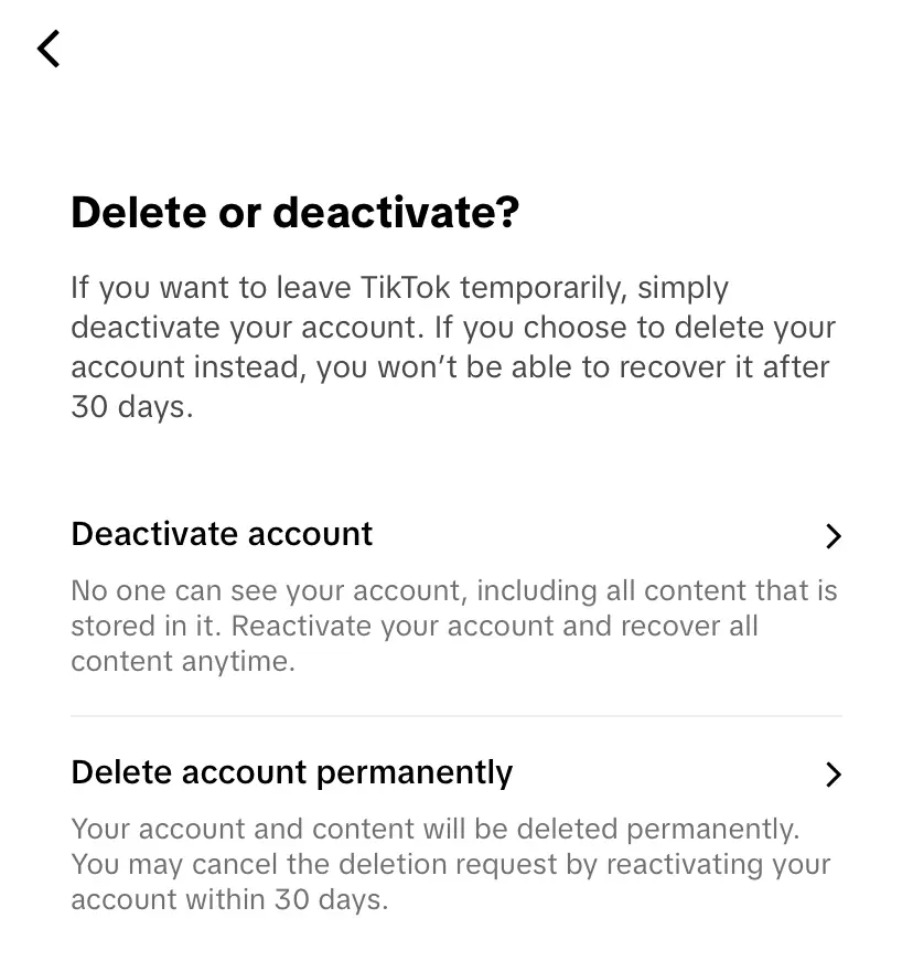 Imagen: Ventana de TikTok: eliminar o desactivar cuenta