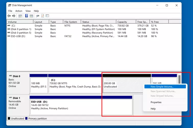 Imagen: Administración de discos en Windows 11: espacio para almacenar no asignado