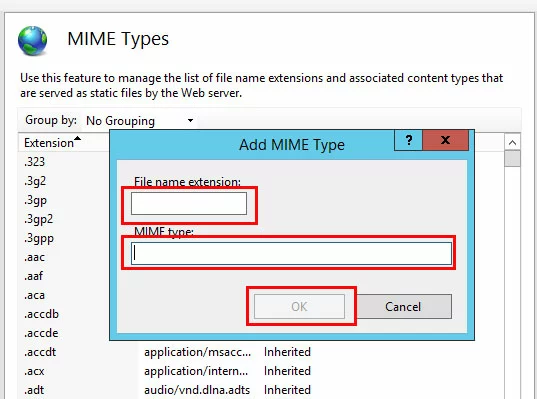 IIS Manager: ventana para añadir tipo MIME IIS Manager: ventana para añadir tipo MIME