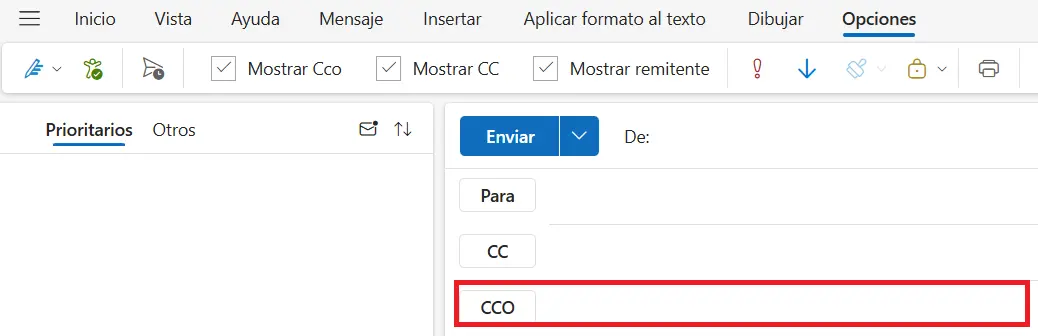 Outlook: ventana de email con CCO Imagen: Outlook: ventana de email con CCO