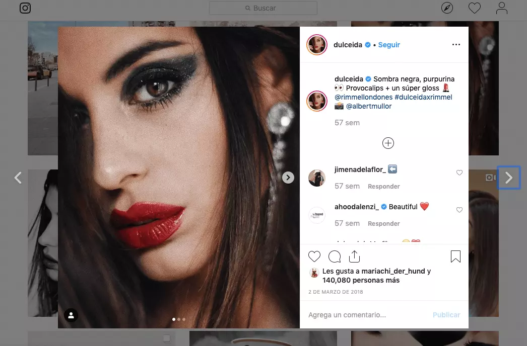 Imagen: La foto muestra un post en Instagram de Aída Domenech (@Dulceida) promocionando el maquillaje de la marca Rimmel London