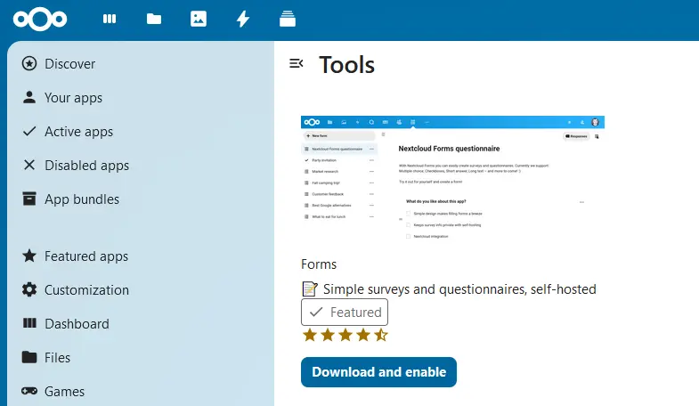 Instalación de la aplicación de formularios de Nextcloud: Forms Imagen: Instalación de la aplicación de formularios de Nextcloud: Forms