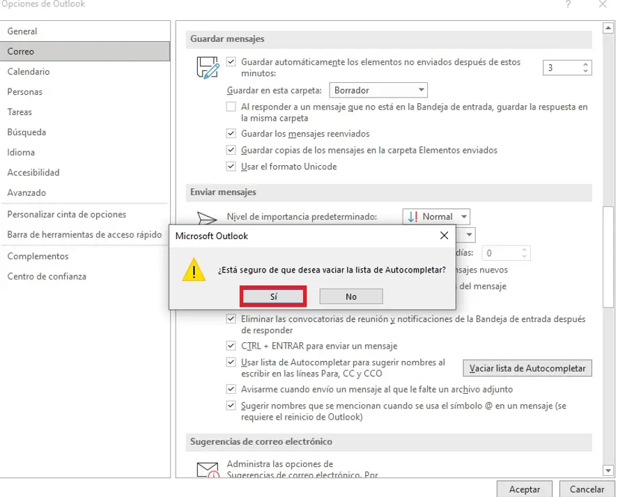 Diálogo de confirmación para vaciar la lista de autocompletar Imagen: Diálogo de confirmación para vaciar la lista de autocompletar