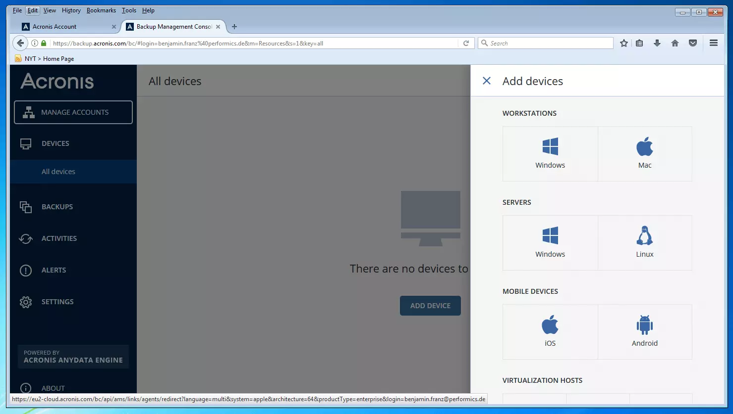 Imagen: Gestión de dispositivos en la consola de copias de seguridad de Acronis Backup 12.5