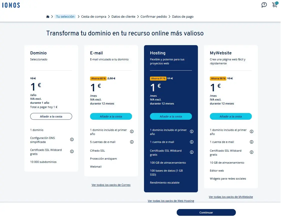 Imagen: Captura de pantalla de la selecci&oacute;n de productos en IONOS