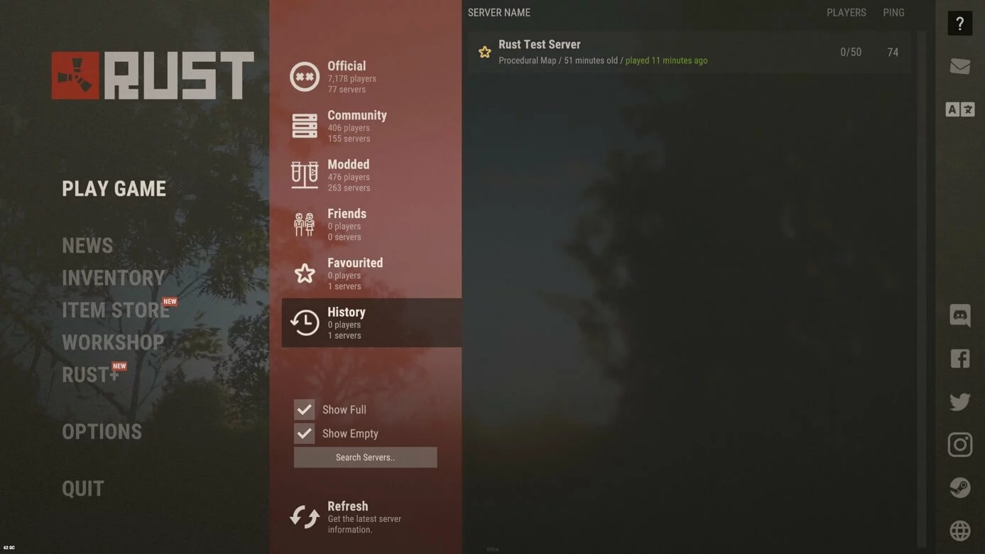 Captura de pantalla de Rust: listado de servidores