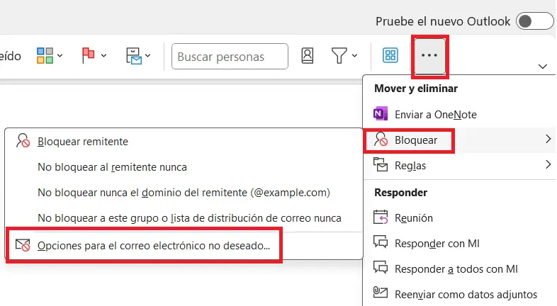 Imagen: Opciones de correo no deseado en la cinta de opciones simplificada de Outlook&ldquo;