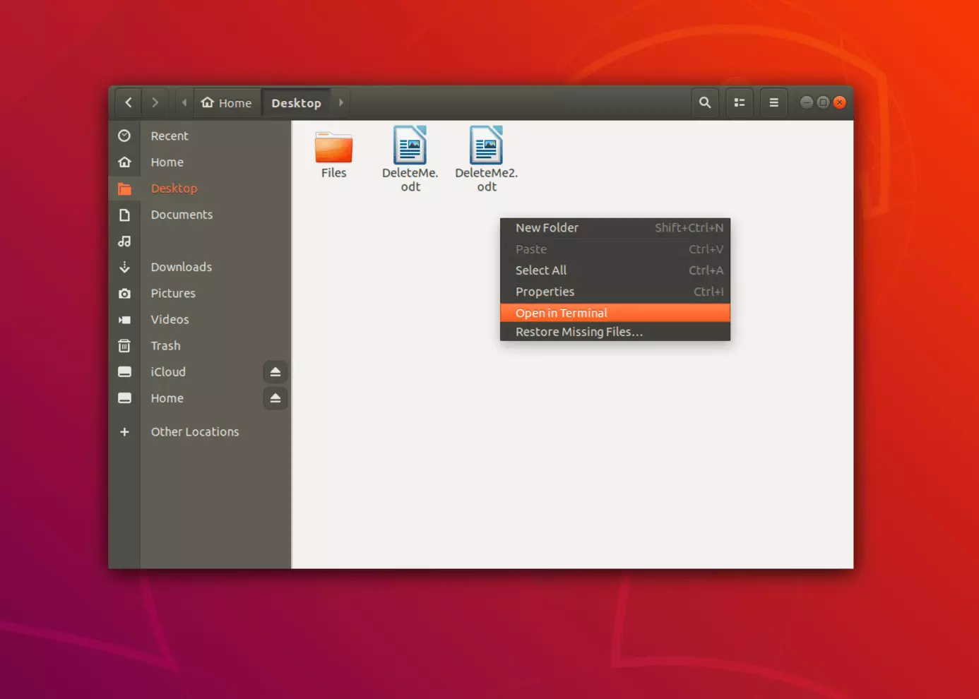 Imagen: Abre la terminal a través del menú contextual en el gestor de archivos