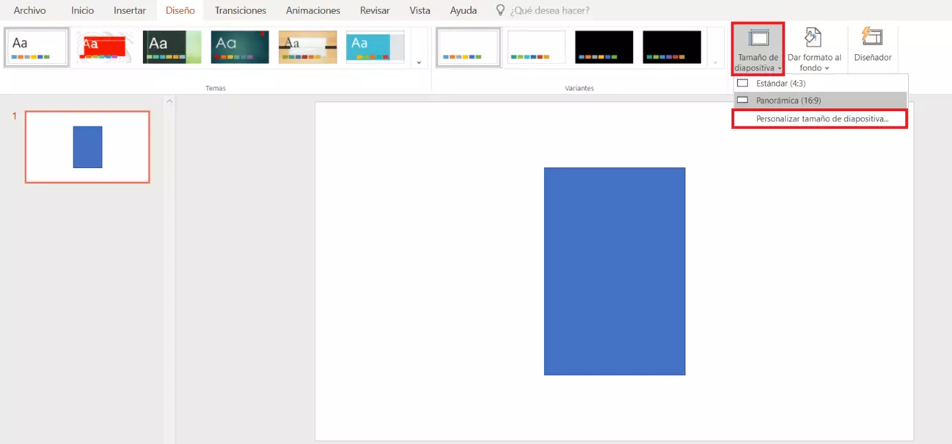 Imagen: “Tamaño de diapositivaˮ en PowerPoint 2016