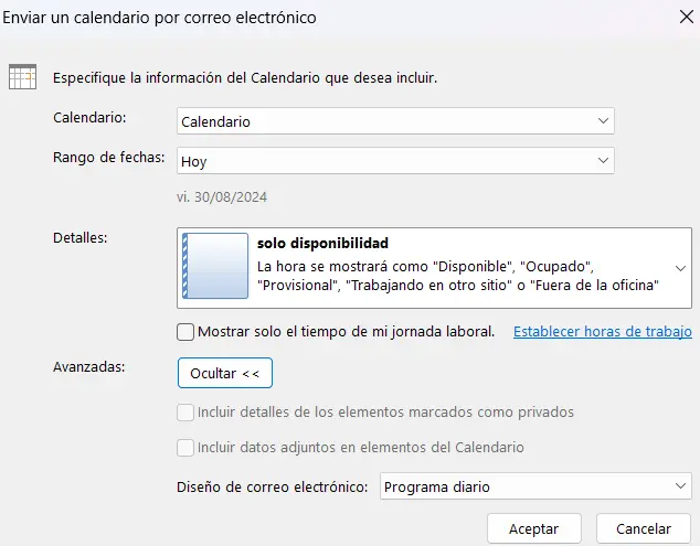 Outlook: Opciones avanzadas en el cuadro de diálogo “Enviar un calendario por correo electrónico” Imagen: Outlook: Opciones avanzadas en el cuadro de diálogo “Enviar un calendario por correo electrónico”