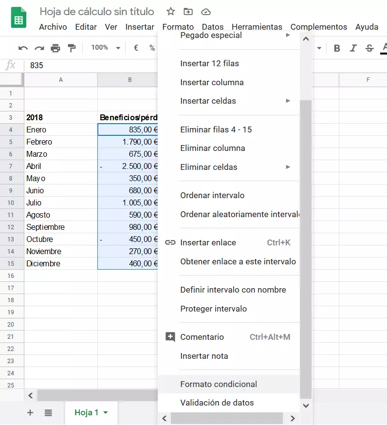 Google Sheets: tabla con un rango seleccionado.