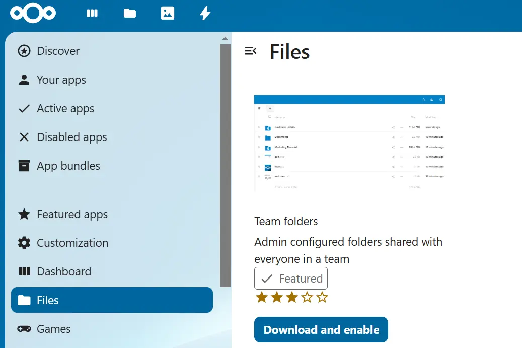 App Team folders en la App Store de Nextcloud Imagen: App Team folders en la App Store de Nextcloud