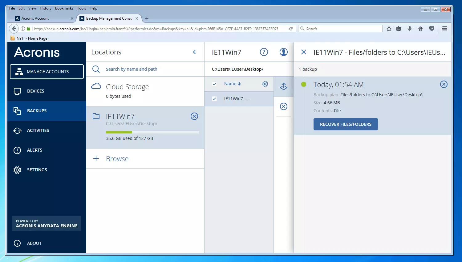 Imagen: La consola de gestión de backups de Acronis Backup 12.5: vista de conjunto de las copias de seguridad