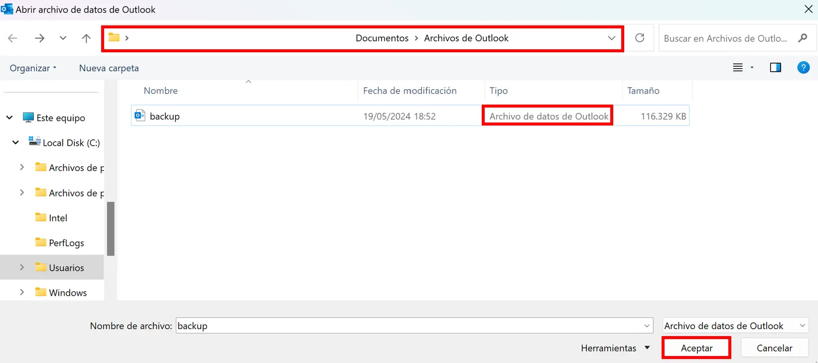 Imagen: Lista de todos los archivos PST que contiene la carpeta de archivos de Outlook