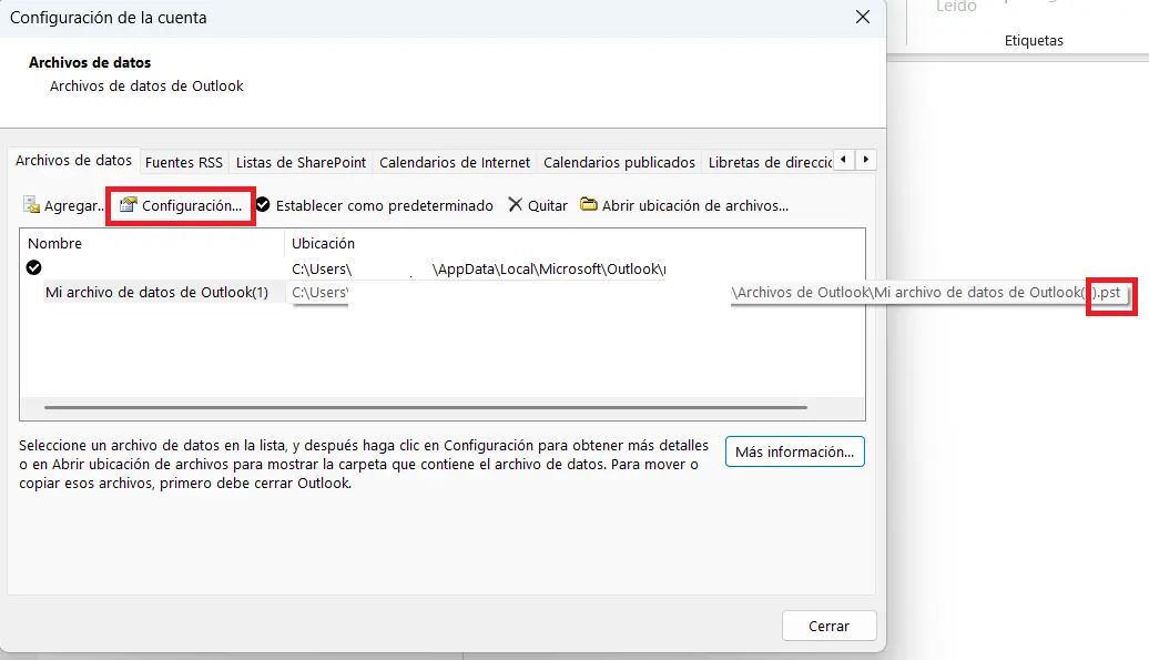 Lista de archivos de datos de Outlook Imagen: Lista de archivos de datos de Outlook
