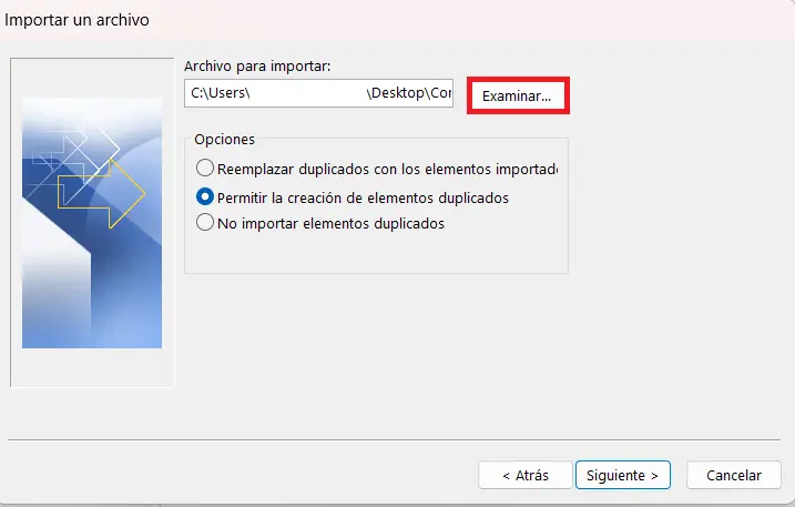Outlook 365: menú “Importar archivo” Imagen: Outlook 365: menú “Importar archivo”