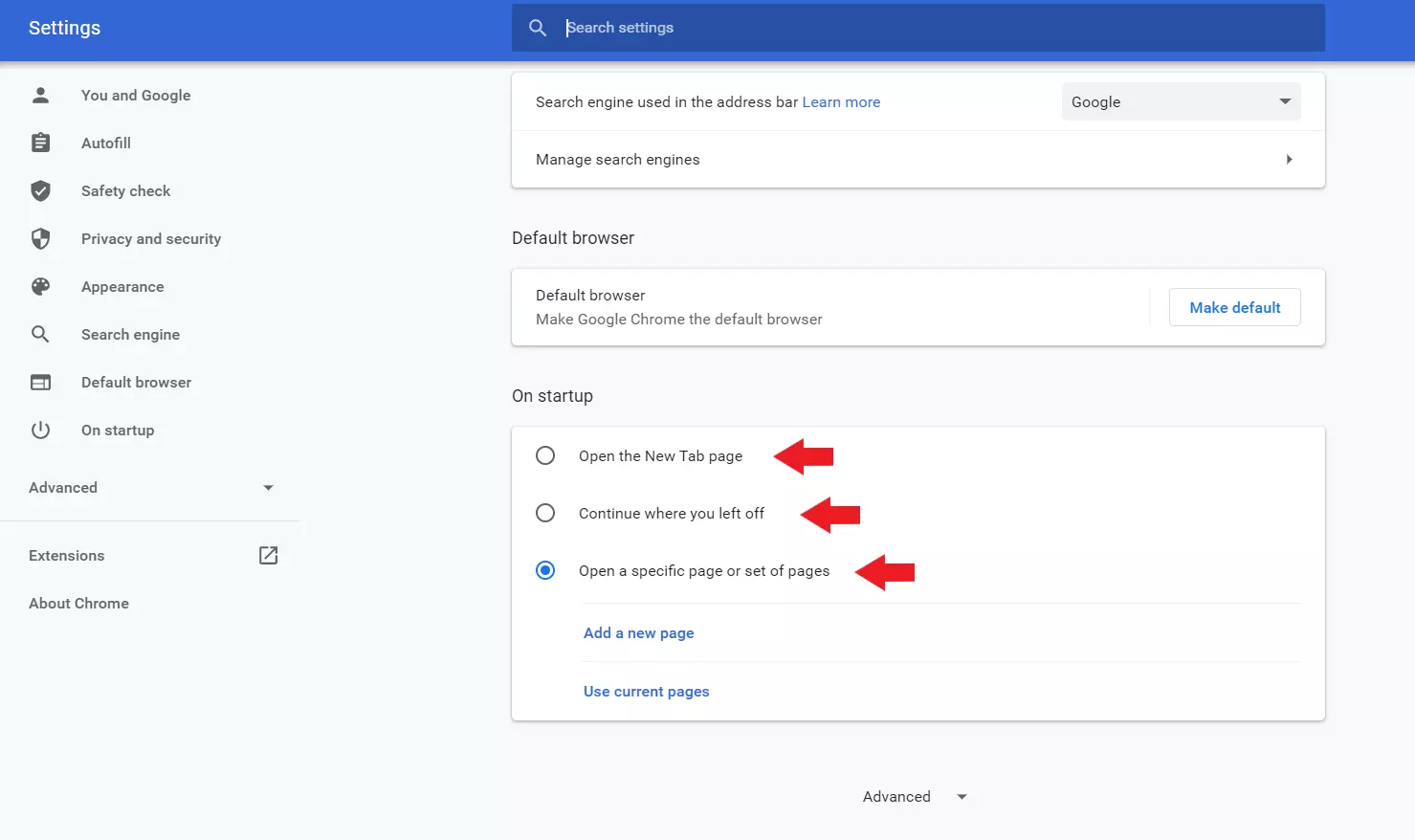 Chrome ofrece tres opciones para cambiar tu página de inicio
