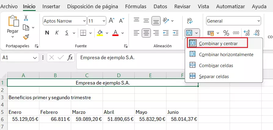 “Combinar y centrar” en la pestaña “Inicio” “Combinar y centrar” en la pestaña “Inicio”
