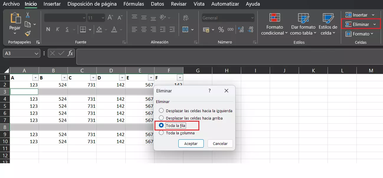 Menú para eliminar todas las filas marcadas en Excel Menú para eliminar todas las filas marcadas en Excel
