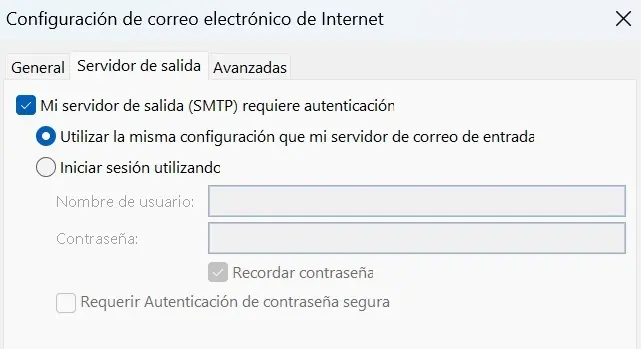 Imagen: Configuración del servidor de correo saliente en Outlook