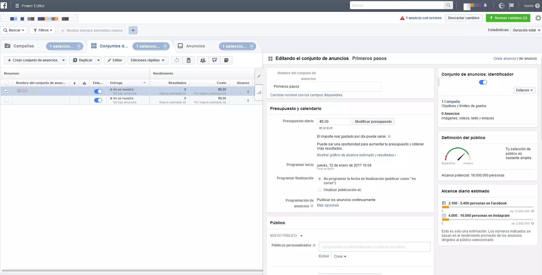 Imagen: Captura de pantalla del programa Power Editor de Facebook