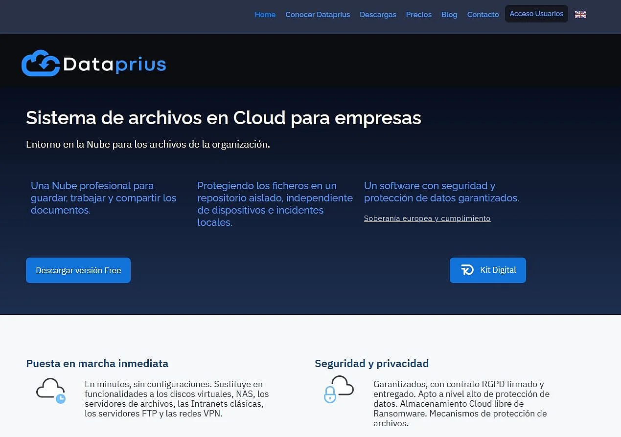 Imagen: Página de inicio de Dataprius