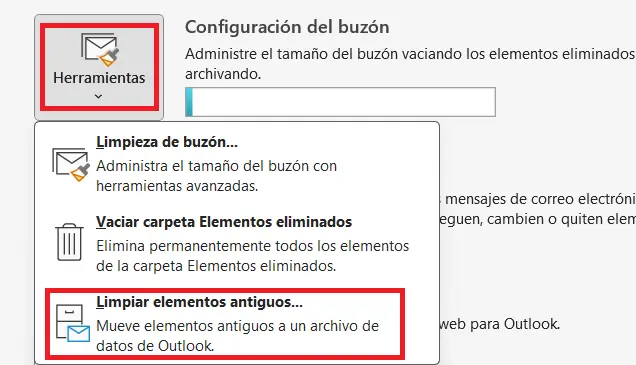 Imagen: Microsoft Outlook: pestaña “Información”, botón “Herramientas”