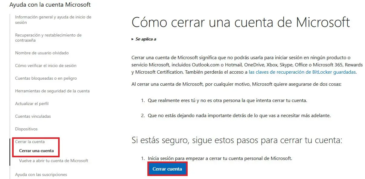 Imagen: C&oacute;mo cerrar una cuenta de Microsoft