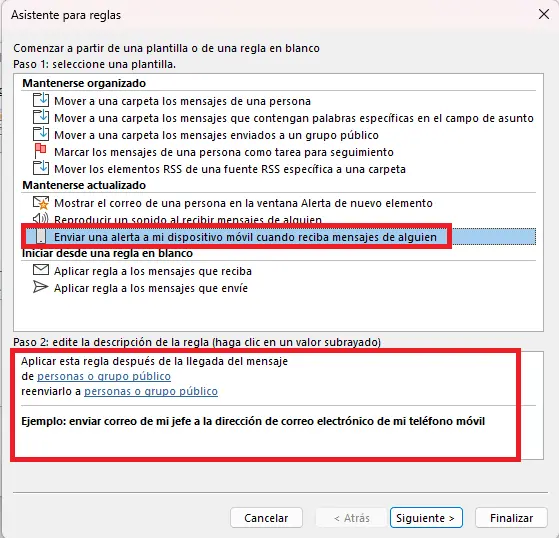 Asistente para reglas en Outlook: selección de plantilla de reglas Imagen: Asistente para reglas en Outlook: selección de plantilla de reglas