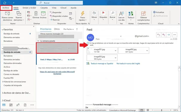 En el software de Outlook están marcados la pestaña de “Archivo” y el correo seleccionado para imprimir Imagen: En el software de Outlook están marcados la pestaña de “Archivo” y el correo seleccionado para imprimir