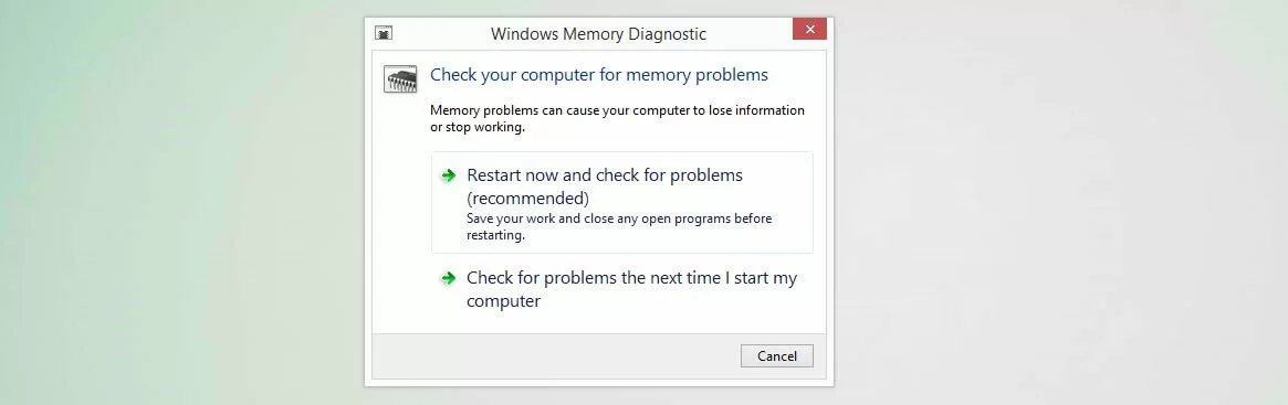 Imagen: Diagnóstico de memoria de Windows: cuadro de diálogo de inicio