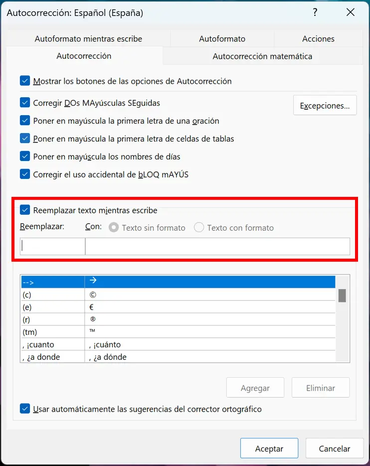Outlook para Windows: opciones de autocorrección Imagen: Outlook para Windows: opciones de autocorrección
