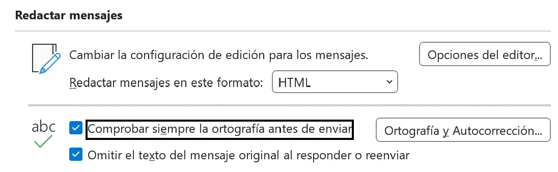 Imagen: Comprobar siempre la ortografía antes de enviar un correo en Outlook