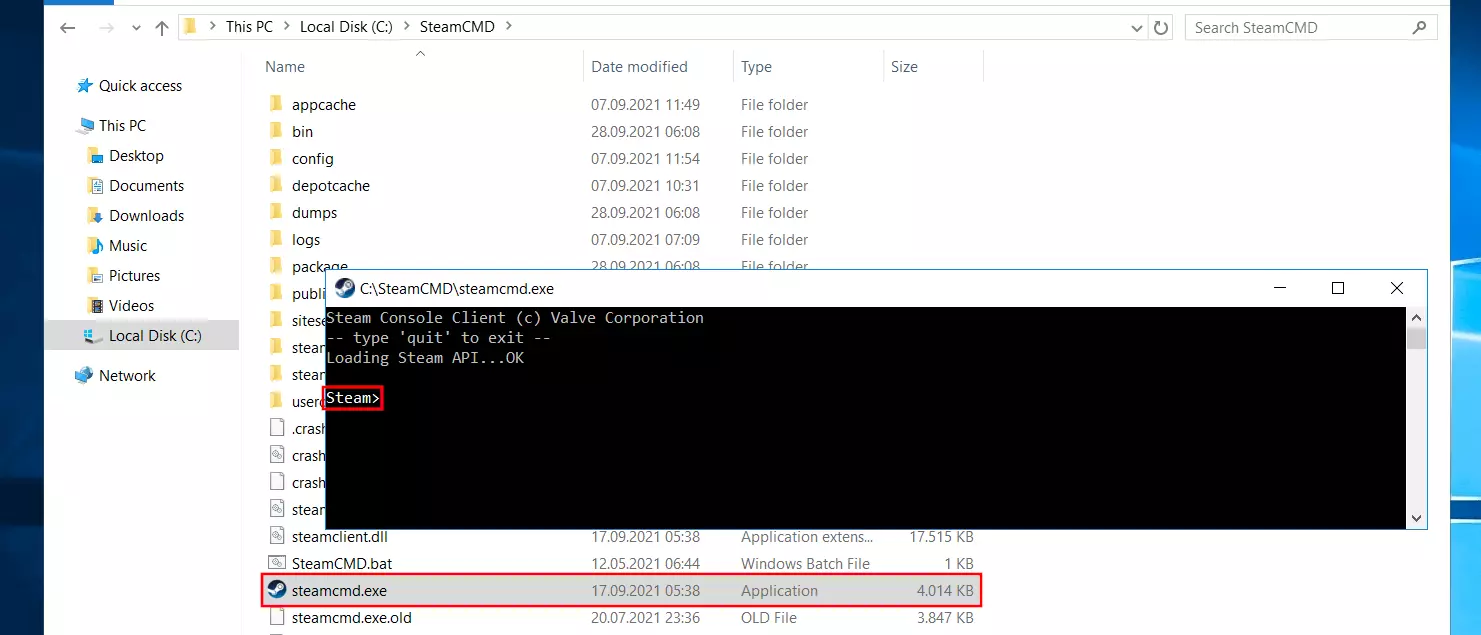 Imagen: SteamCMD en el símbolo del sistema de Windows