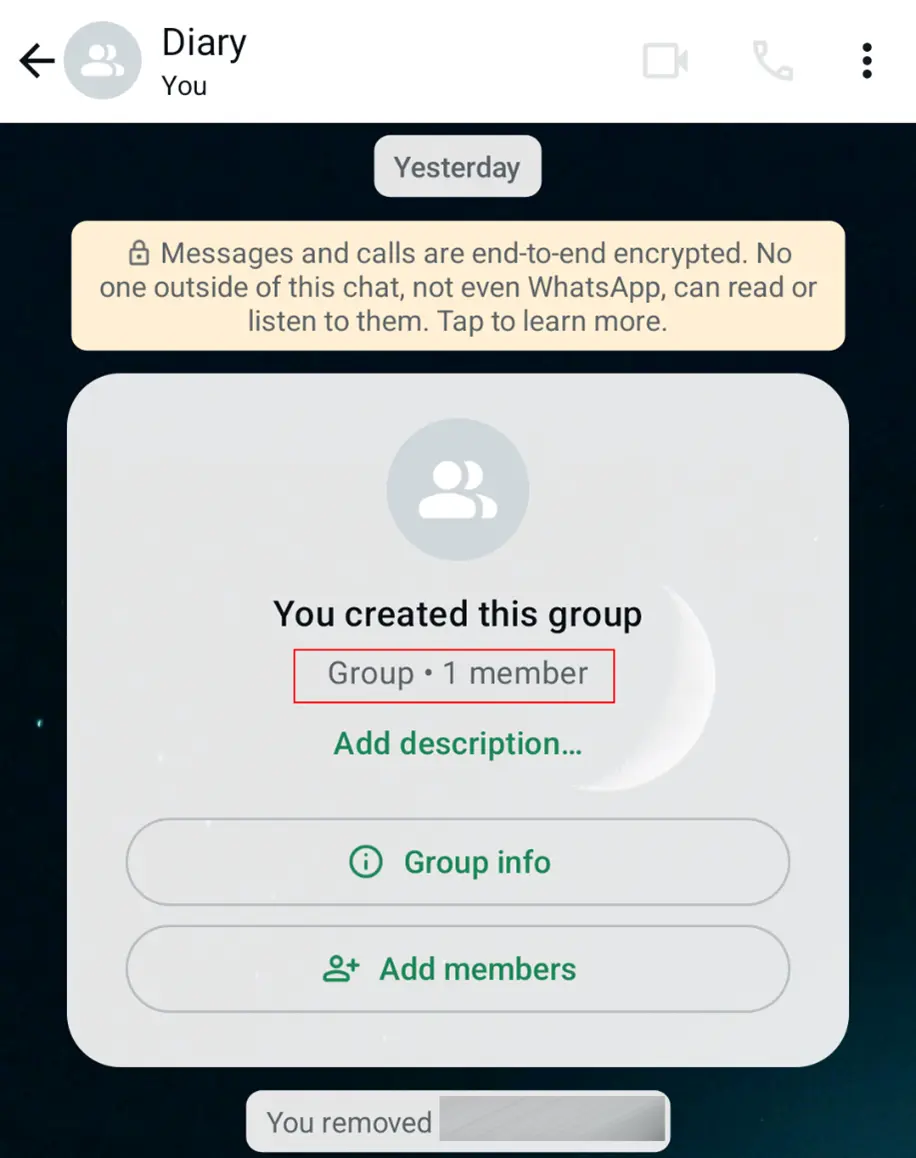 Captura de pantalla en Android de un chat diario creado por el usuario en WhatsApp Imagen: Captura de pantalla en Android de un chat diario creado por el usuario en WhatsApp
