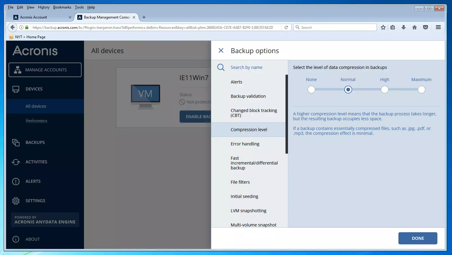 Imagen: La consola de gestión de backups de Acronis Backup 12.5: menú para la selección del modo de compresión