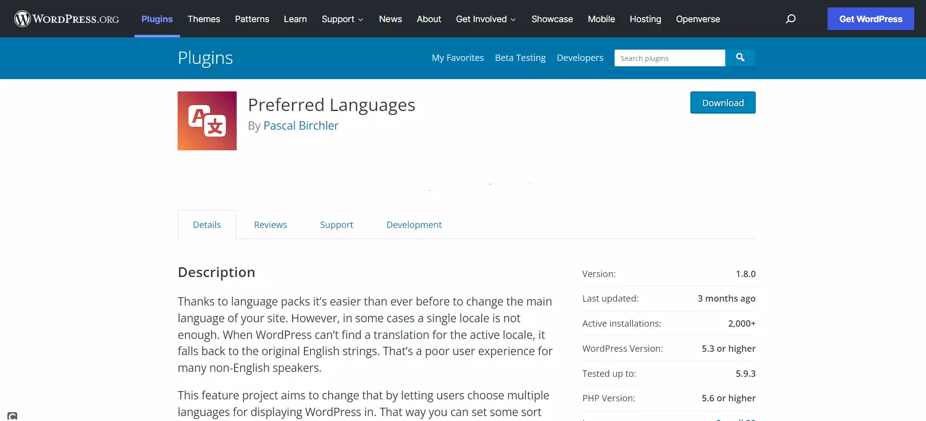 Imagen: Página de inicio del plugin de WordPress Preferred Languages