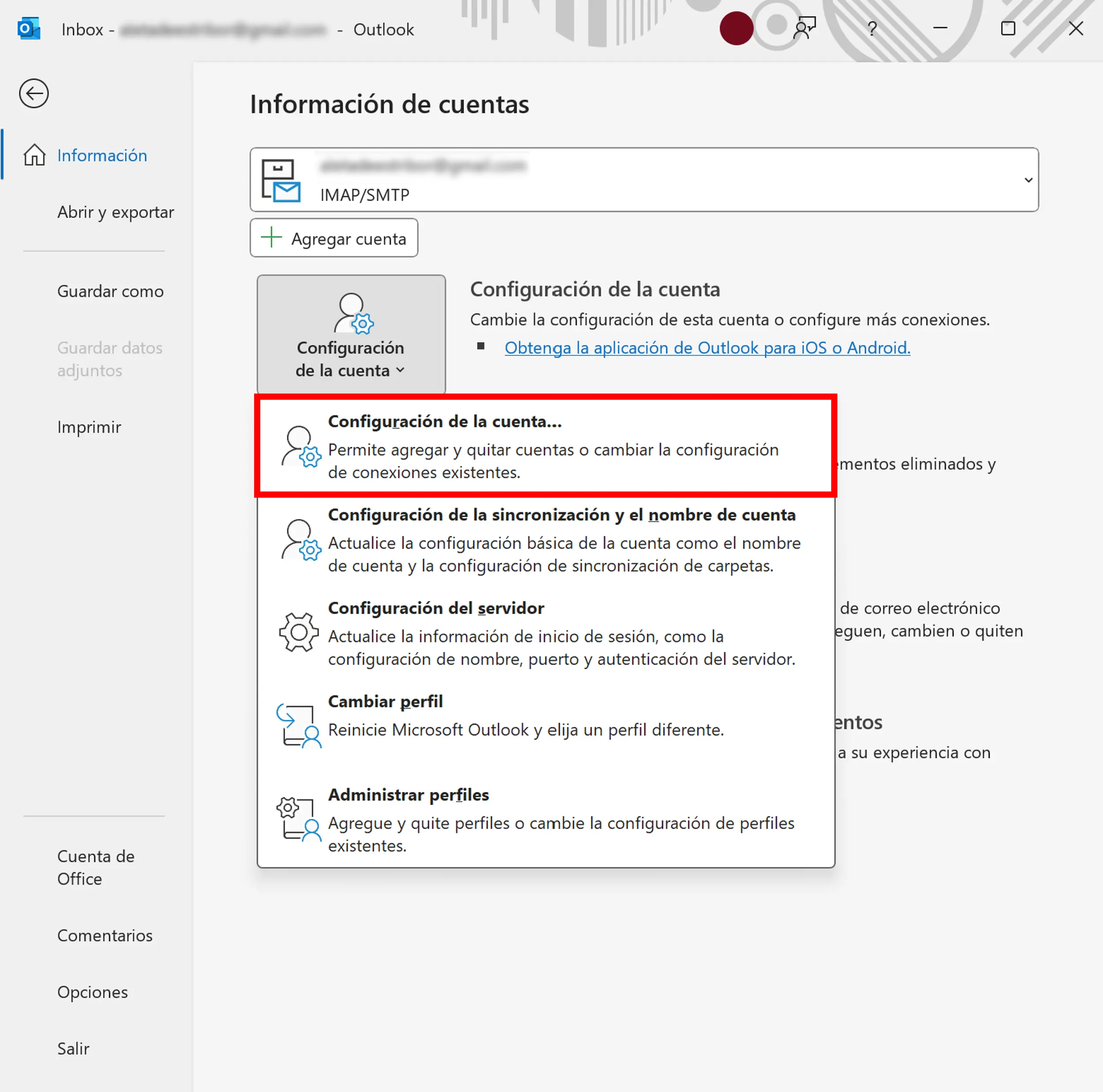Outlook Desktop: información de la cuenta en la pestaña “Archivo” Imagen: Outlook Desktop: información de la cuenta en la pestaña “Archivo”