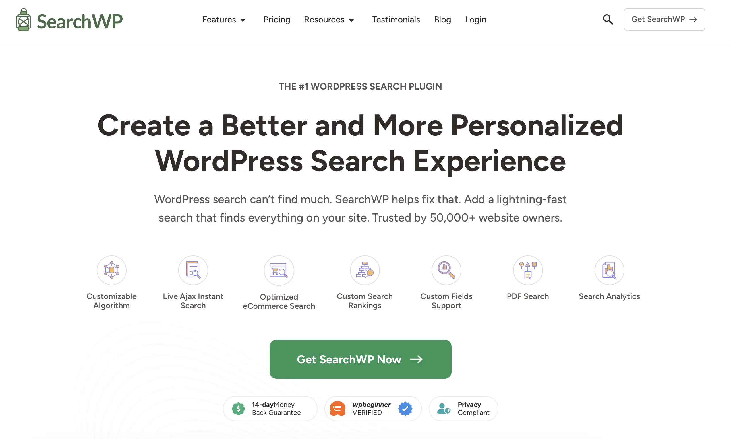 Página web de la extensión de WordPress SearchWP Imagen: Página web de la extensión de WordPress SearchWP