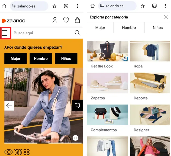 Imagen: Navegación en cuadrícula en la tienda de Zalando