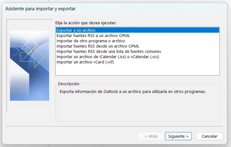 Imagen: Asistente para importar y exportar de Outlook 365