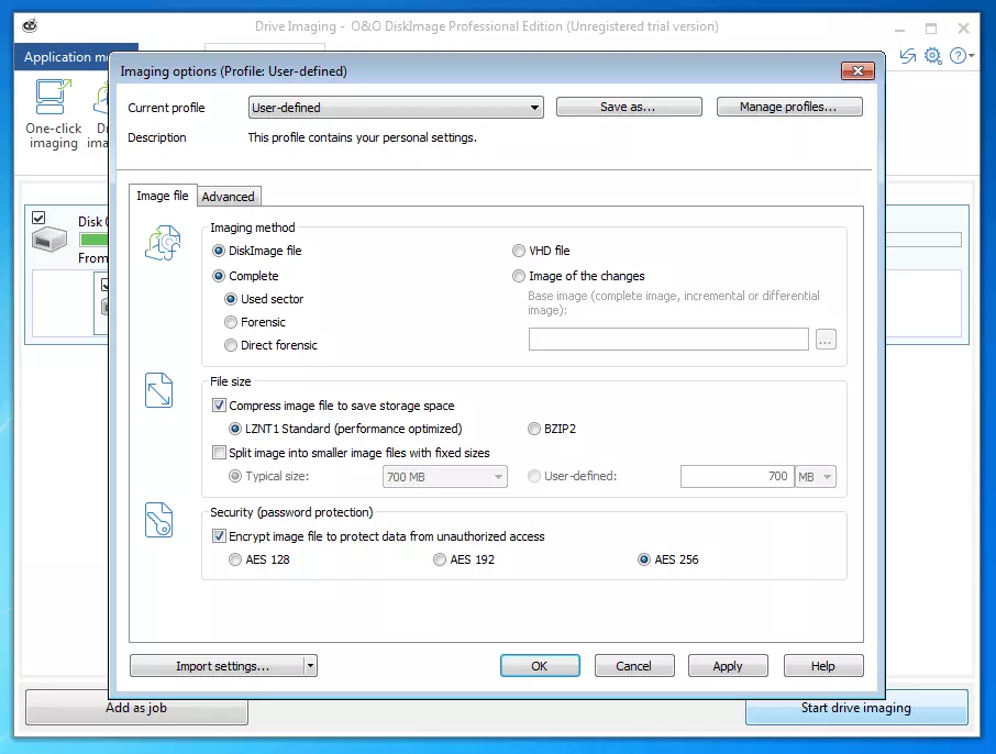 Imagen: O&O DiskImage Professional 11.0: menú de selección de opciones de imaging