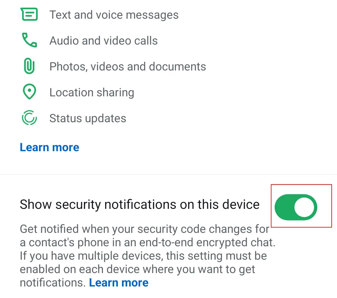 Captura de pantalla en Android del área de seguridad en los ajustes de la cuenta de WhatsApp Imagen: Captura de pantalla en Android del área de seguridad en los ajustes de la cuenta de WhatsApp