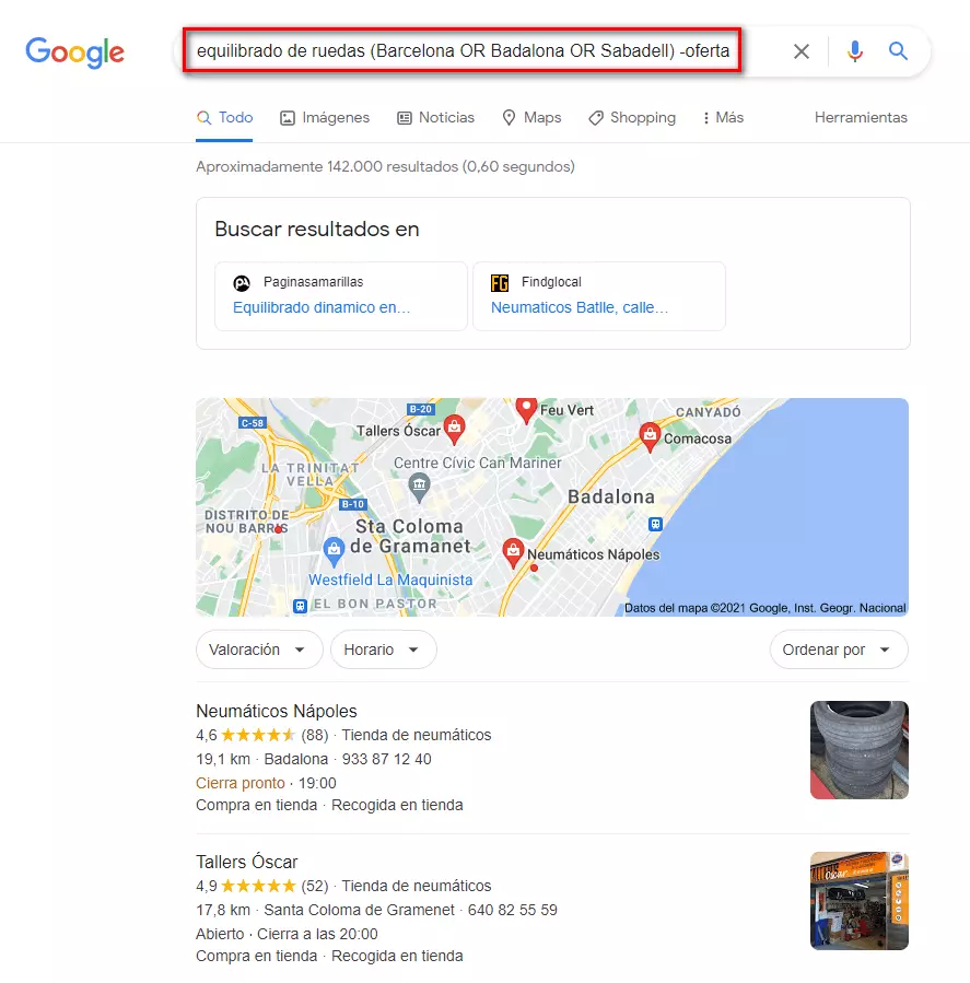 Imagen: Una búsqueda en Google utilizando operadores booleanos agrupados