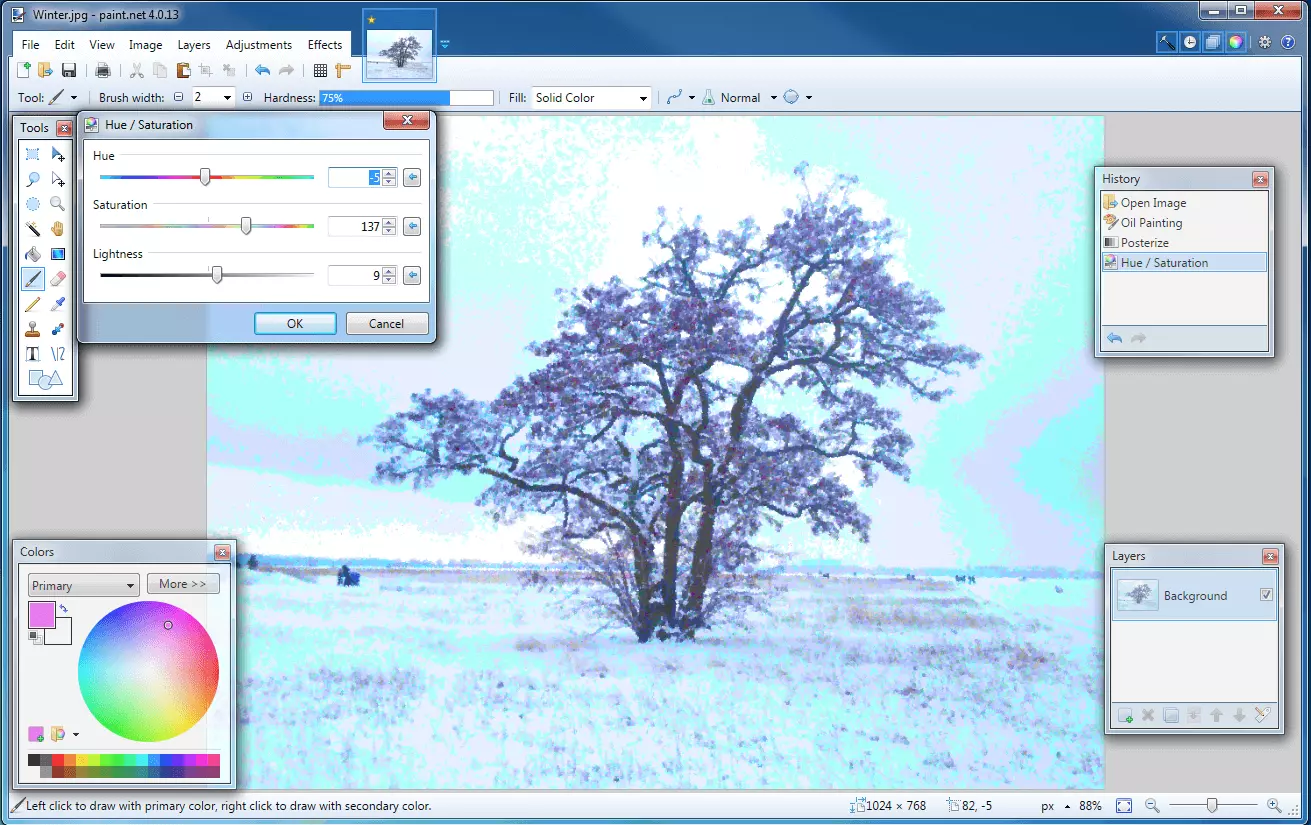 Captura de pantalla de la interfaz de Paint.NET con la ventana para ajustar la saturación