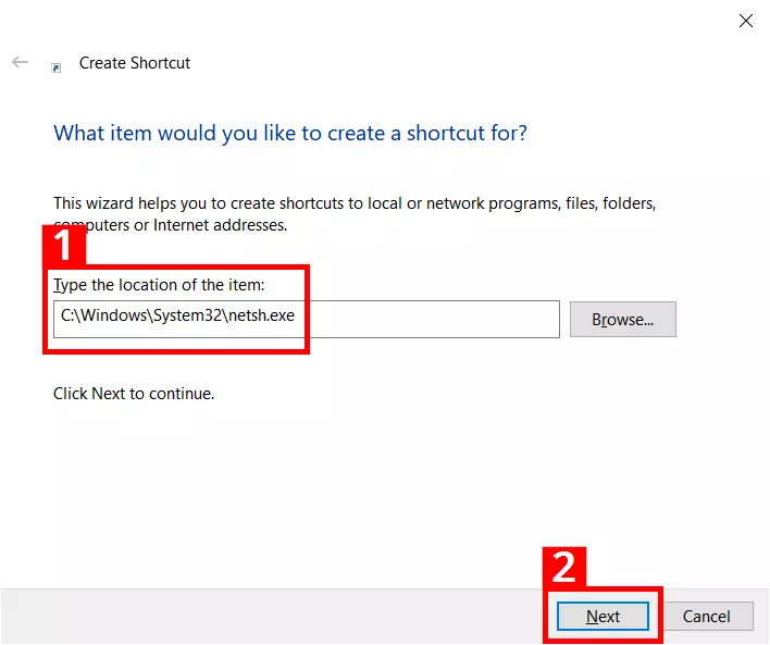 Introducción de ruta para el acceso directo a Netsh