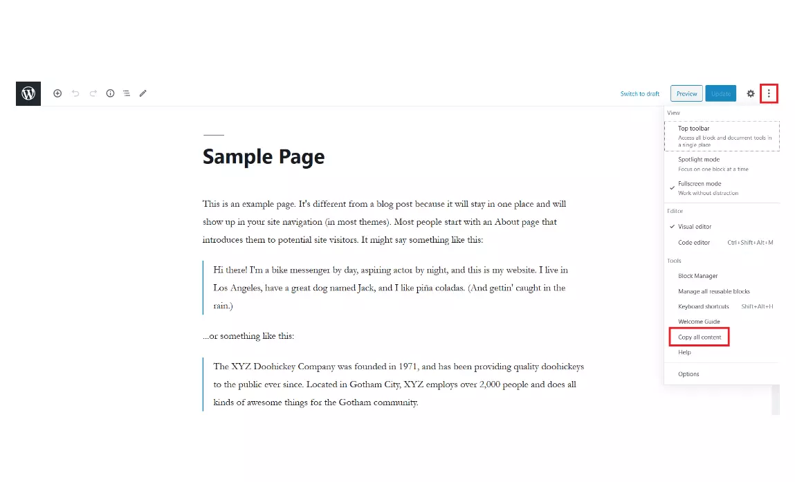 Backend de WordPress: “Copiar todo el contenido” con el editor Gutenberg 
