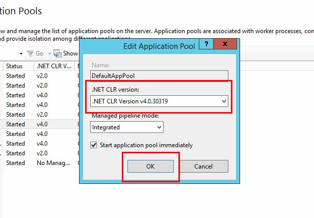IIS Manager, Application Pools: selecciona la versión de .NET IIS Manager, Application Pools: selecciona la versión de .NET